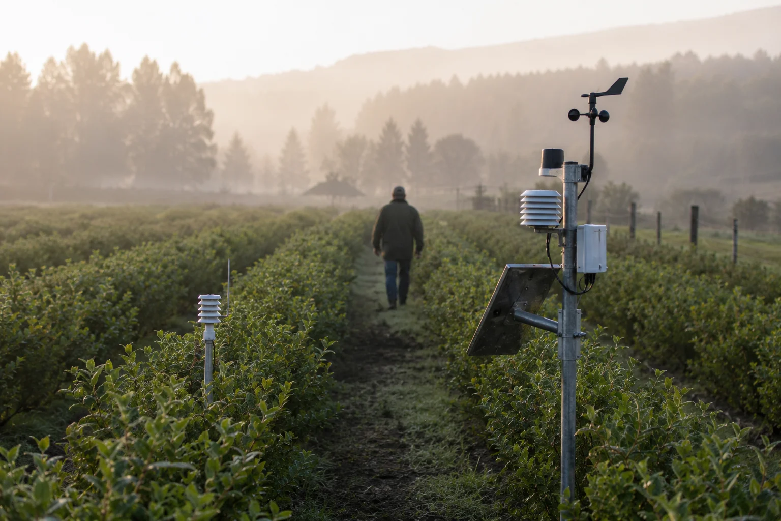 Campo orgánico con sensores IoT al amanecer