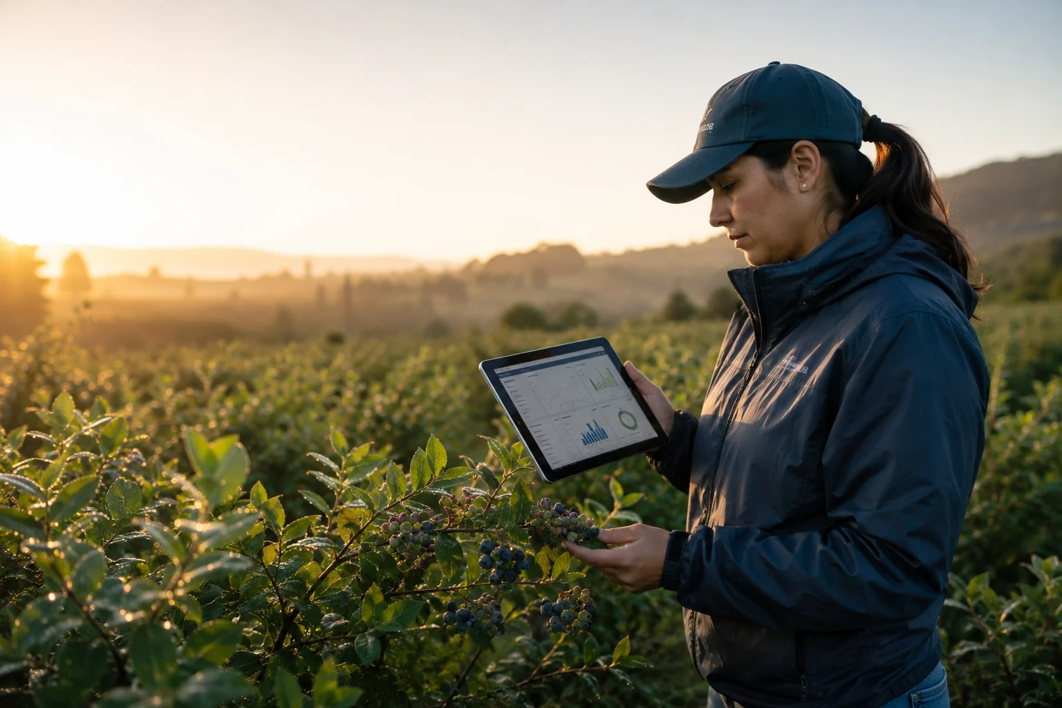 Auditoría orgánica técnica con tablet en huerto de berries